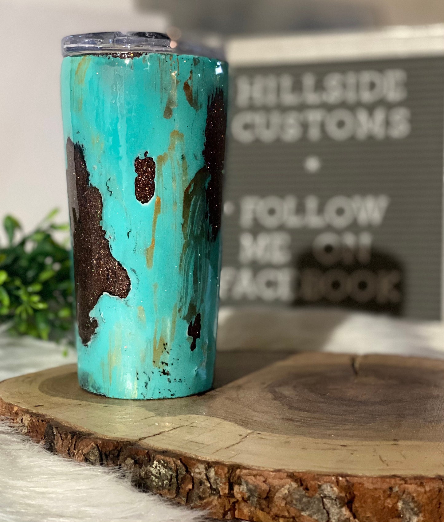 Teal-Tarnished-Worn-Distressed- Glitter-Skull-Cow- Boho-Floral- Travel Mug- To Go Cup- Tumbler