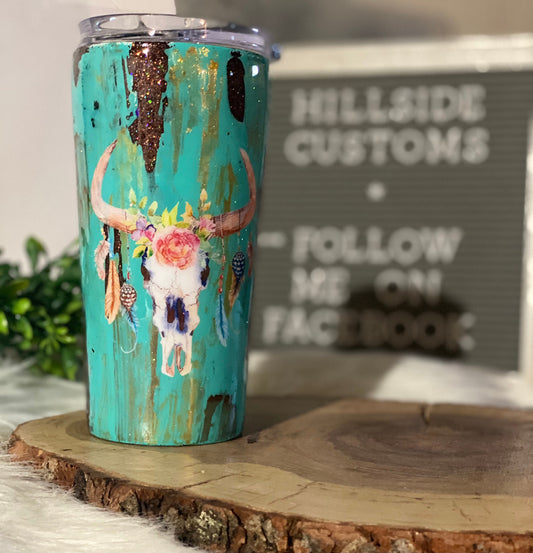 Teal-Tarnished-Worn-Distressed- Glitter-Skull-Cow- Boho-Floral- Travel Mug- To Go Cup- Tumbler